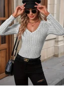 Kadın Uzun Kollu V Yaka şardonlu Kaşkorse Bluz thumbnail 6