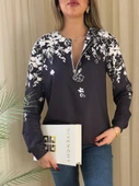 Kadın Uzun Kollu önden Fermuarlı çiçek Desenli şardonlu Dalgıç Bluz thumbnail 1