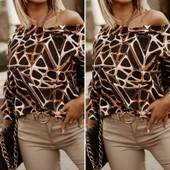 Kadın Uzun Kollu V Yaka Düşük Omuz Geometrik Desen şardonlu Dalgıç Bluz thumbnail 3