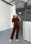 Osy Modal Yumuşak Dokulu Kumaş Kısa Kollu Bluz Rahat Pantalon Ikili Takım- Kahverengi thumbnail 4