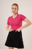 Kısa Kollu Yaka Detaylı Kaşkorse Fuşya Bluz thumbnail 1