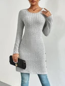 Kadın Uzun Kollu Yuvarlak Yaka Yandan Yırtmaçlı Düğmeli şardonlu Kaşkorse Bluz thumbnail 3