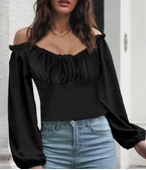 Kadın Uzun Kollu Kare Yaka Göğüs Büzgü Detay Sandy Bluz thumbnail 3