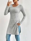 Kadın Uzun Kollu Yuvarlak Yaka Yandan Yırtmaçlı Düğmeli şardonlu Kaşkorse Bluz thumbnail 2