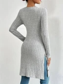 Kadın Uzun Kollu Yuvarlak Yaka Yandan Yırtmaçlı Düğmeli şardonlu Kaşkorse Bluz thumbnail 6