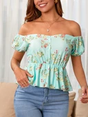 Kadın Kısa Kollu Madonna Yaka çiçek Desenli Düğme Detay Gipeli Süprem Kumaş Bluz thumbnail 1