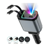 Ozmik RGB Işıklı 66W Araç Şarj Cihazı 4in1 Geri Çekilebilir Kablo Type-C + Lightning Yıldızlı Efekti - 1