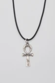 Ankh Yaşam Kolye - PU Deri İp Zincirli Unisex Gümüş Kaplama Mısır Sembolü - 60 cm thumbnail 1