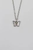 Kelebek Düz Ezme Zincir Kolye - Antik Gümüş Kaplama - Kadın Erkek - 60 cm - 1