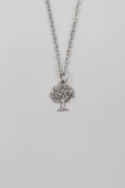 Hayat Ağacı Düz Ezme Zincir Kolye - Antik Gümüş Kaplama - Kadın Erkek - 60 cm thumbnail 1