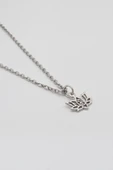 Minimal Om Sembollü Lotus Çiçeği Düz Ezme Zincir Kolye - Antik Gümüş Kaplama - Kadın Erkek - 60 cm thumbnail 2