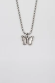 Kelebek Örme Zincir Kolye - Antik Gümüş Kaplama - Kadın Erkek - 60 cm - 1