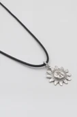 Vintage Güneş Yüz Siyah Deri İp Kolye - Antik Gümüş Kaplama - Kadın Erkek - 60 cm - 2