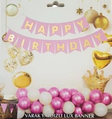 Pembe Altın Yaldızlı Happy Birthday Uzar Banner - 1