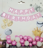 Pembe Gümüş Yaldızlı Happy Birthday Uzar Banner - 1