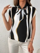 Kadın Kısa Kollu Boyundan Bağlamalı Desenli Dokuma Bluz thumbnail 1