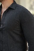 Erkek çizgi Desenli Uzun Kollu Pamuklu Keten Gömlek thumbnail 3