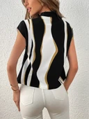 Kadın Kısa Kollu Boyundan Bağlamalı Desenli Dokuma Bluz thumbnail 5