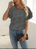 Kadın Kısa Kollu Kolları Volanlı Baskılı Süprem Bluz thumbnail 3