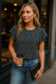 Kadın Kısa Kollu Kolları Volanlı Baskılı Süprem Bluz thumbnail 7