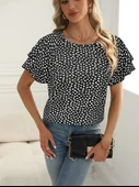Kadın Kısa Kollu Kolları Volanlı Baskılı Süprem Bluz thumbnail 4