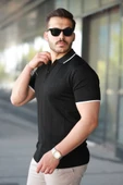 Erkek Fermuar Yakalı çizgi Dokulu Kısa Kollu Tişört thumbnail 2