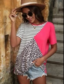 Kadın Süprem Kumaş Leopar Desenli Ve Cizgili Oversize Bluz thumbnail 2