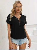 Kadın Kısa Kollu V Yaka Fermuarlı Salaş Sandy Bluz thumbnail 4