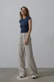 Çizgili Pamuklu Lastikli Pantolon - Bej-Lacivert thumbnail 3