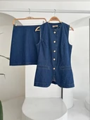 Kolsuz Yelekli Mini Etekli Denim Takım 10164 thumbnail 10