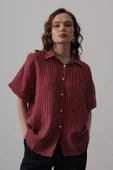 Yarım Balon Kol Çizgili Gömlek - Bordo thumbnail 3