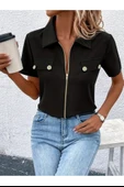 Kadın Kısa Kollu Ceket Yaka önü Fermuarlı Cep Detay Kısa Kol Ithal Krep Bluz thumbnail 5