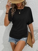 Kadın Kısa Kollu Bisiklet Yaka Yanları Büzgü Detay Yarasa Kol Viskon Bluz thumbnail 3