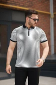 Erkek çizgili Fermuar Yakalı Kısa Kollu Tişört thumbnail 1