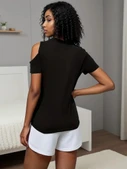 Kadın Kısa Kollu Tek Omuzu Açık Damla Detaylı Viskon Bluz thumbnail 4
