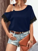 Kadın Tek Omuzu Askılı Kısa Kollu Toka Detaylı Dantelli Viskon Bluz thumbnail 1