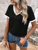 Kadın Kısa Kollu V Yakalı Viskon Bluz thumbnail 3