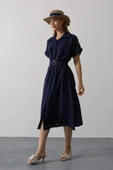 Kuşaklı Cep Detaylı Yarım Kol Elbise - Lacivert thumbnail 2