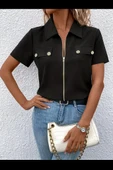 Kadın Kısa Kollu Ceket Yaka önü Fermuarlı Cep Detay Kısa Kol Ithal Krep Bluz thumbnail 2