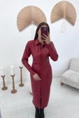 Kırmızı Boydan Düğmeli Deri Elbise thumbnail 2