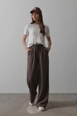 Beli Lastikli Bol Paça Pantolon - Kahve thumbnail 3