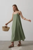 Askılı Uzun Çan Elbise - Haki thumbnail 4