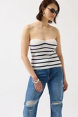 Çizgili Straplez Dokulu Bluz thumbnail 3