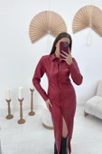 Kırmızı Boydan Düğmeli Deri Elbise thumbnail 1