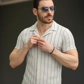 Erkek Kısa Kollu Gri çizgi Desenli örme Kumaş Pamuklu Gömlek thumbnail 2