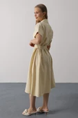 Kuşaklı Cep Detaylı Yarım Kol Elbise - Ekru thumbnail 4