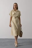 Kuşaklı Cep Detaylı Yarım Kol Elbise - Ekru thumbnail 1