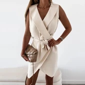 Kruvaze Yaka Kuşaklı Krep Kumaş Elbise thumbnail 4