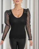 Kadın Uzun Kollu Omuz Inci Kollar Tül Detay Viskon Bluz thumbnail 10