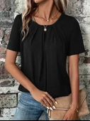 Kadın Kısa Kollu Yuvarlak Yaka önden Pileli Salaş Viskon Bluz thumbnail 3